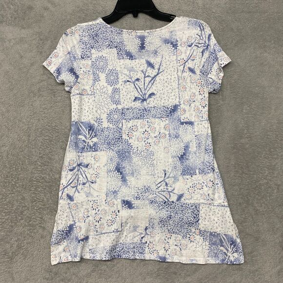 J Jill Top Womens S White Blue Patchwork Linen Rayon Floral Tee PureJill Shirt - Picture 5 of 7